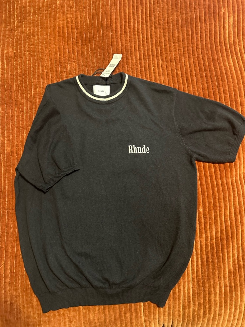Rhude Black Knit Tee with Ivory Contrast Neck Trim